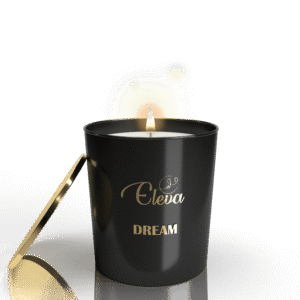Lit ELEVA Dream scented candle, 150 ml in a black glass jar