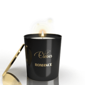 Lit ELEVA Romance scented candle, 150 ml in a black glass jar