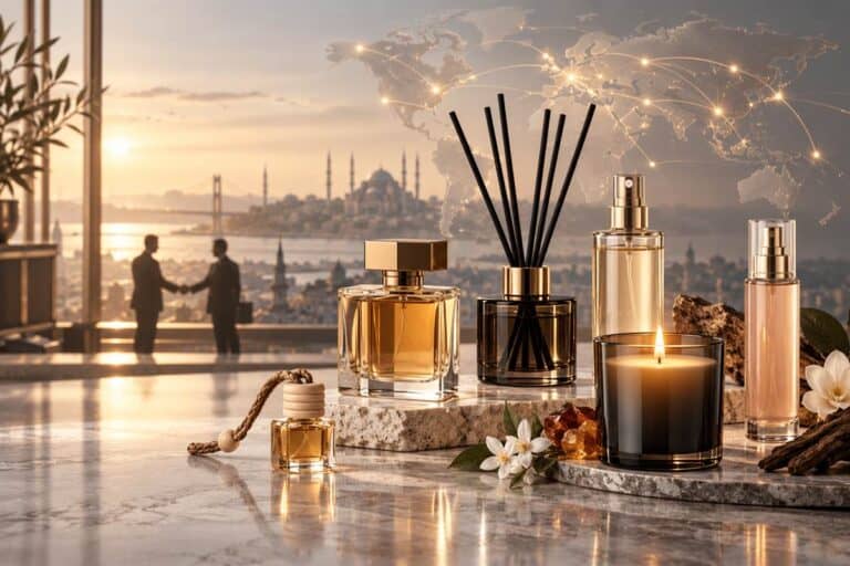Become an ELEVA Distributor: Turkish Perfume & Home Fragrance Wholesale Editorial illustration of an international distributor partnership for Turkish perfume and home fragrance wholesale
