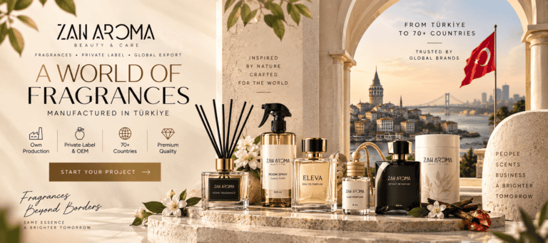 Launching a Private Label Air Freshener Range for Distributors from Türkiye ZAN AROMA perfumes and home fragrances with an Istanbul skyline and Turkish flag in an export-themed illustration