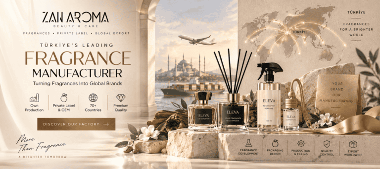 Private Label Air Freshener Quality Checks Before Production and Shipping ZAN AROMA fragrance products with illustrated steps for scent development, packaging, filling and export