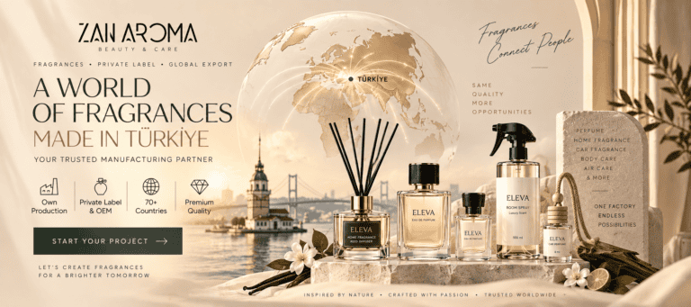 Private Label Air Freshener Formats: Room Sprays, Reed Diffusers and Car Scents ZAN AROMA perfume, reed diffuser, room spray and car fragrance displayed against an Istanbul backdrop