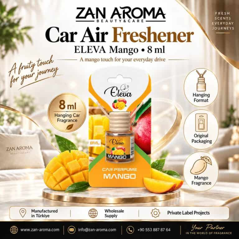 ELEVA Mango 8 ml Car Air Freshener: Wholesale & Private Label Guide ELEVA Mango 8 ml car fragrance in its original packaging, presented in the ZAN AROMA ivory and gold campaign template