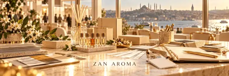 Key Cosmetics and Personal Care Trade Fairs in Turkey Illustrative perfume and cosmetics planning scene with Istanbul skyline