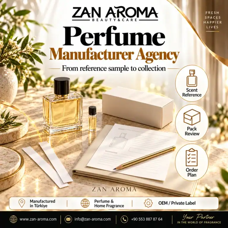 Working with a Perfume Manufacturer: From Sample to First Order Illustration of an unbranded perfume reference bottle, sample vial, scent strips, plain carton and planning sheet.