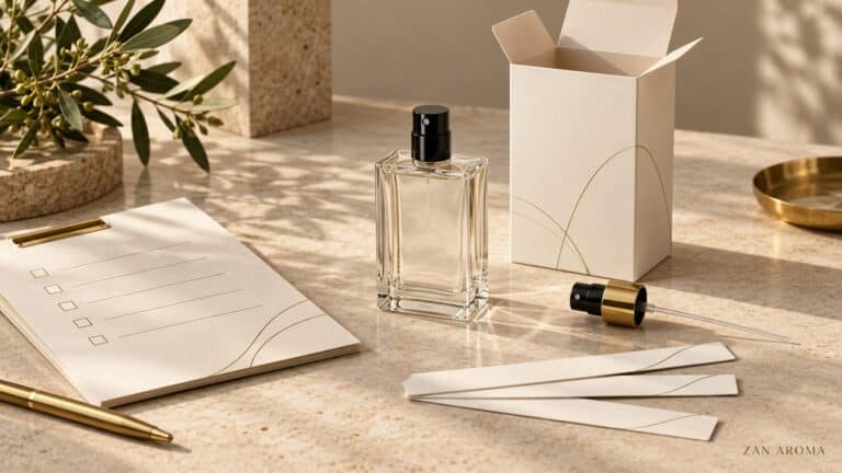 Private Label Perfume Quote: MOQ, Packaging and Buyer Checklist Illustrative perfume bottle, carton, spray pump and quotation checklist