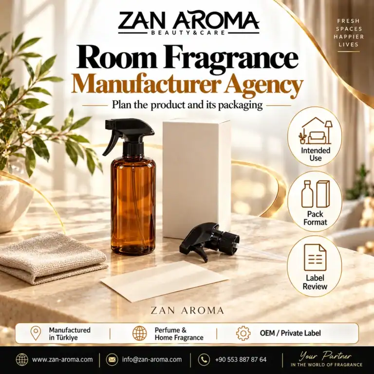 Room Spray Manufacturer Partnerships: Agree the Product Before Ordering Illustration of an unbranded room spray bottle, separate trigger sprayer, blank label, carton and linen swatch.