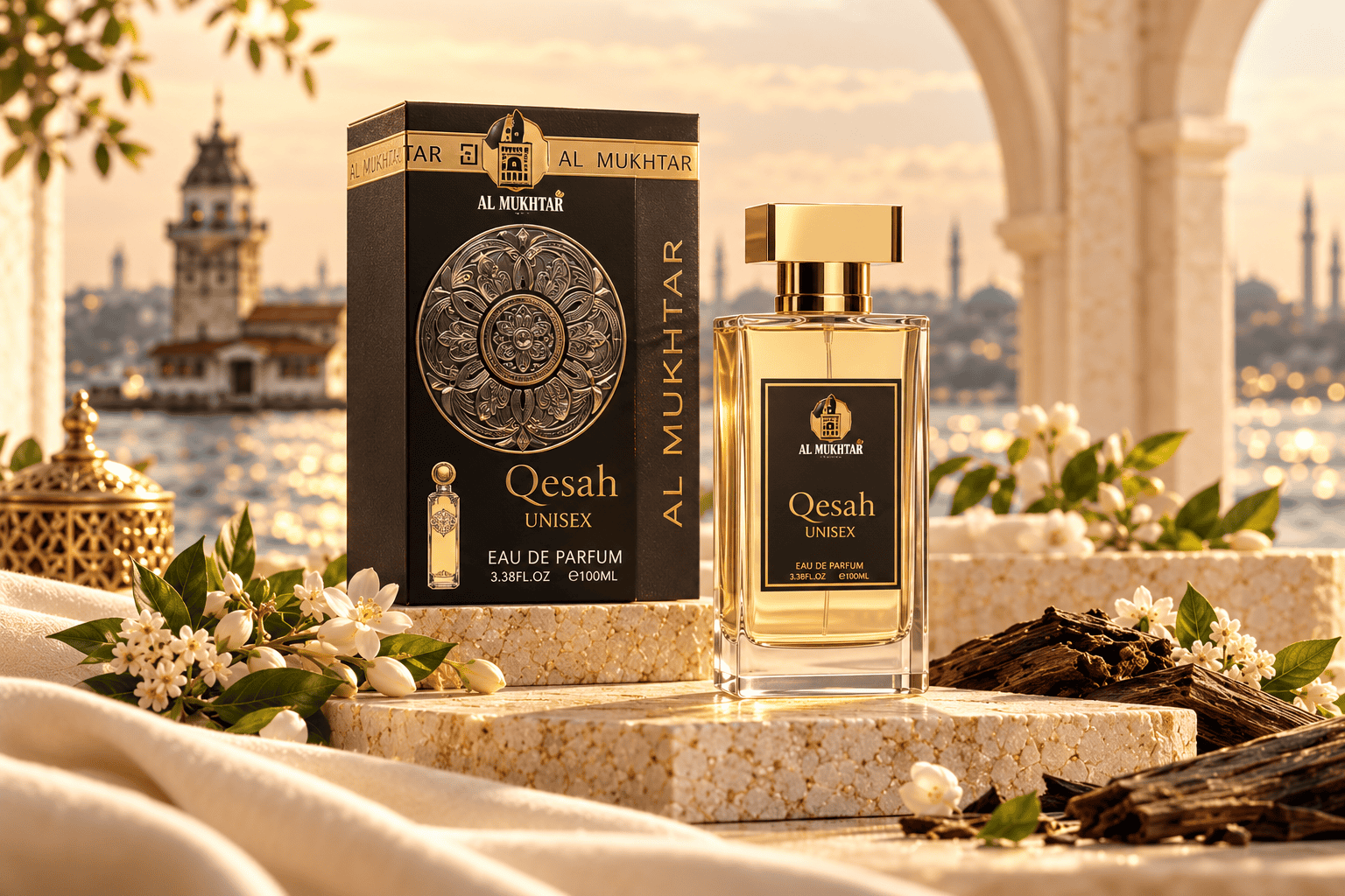 AL MUKHTAR catalogue preview artwork featuring Qesah perfume and black-and-gold packaging