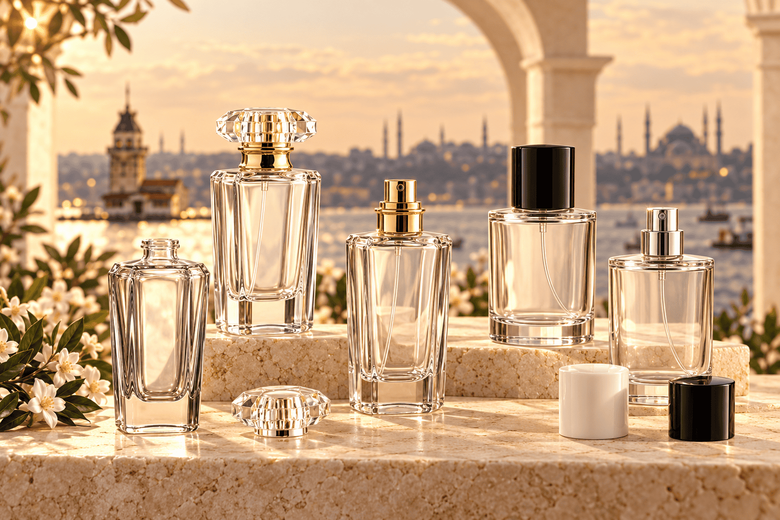 Bottles and Packaging catalogue preview artwork featuring clear glass perfume bottles, caps and pumps