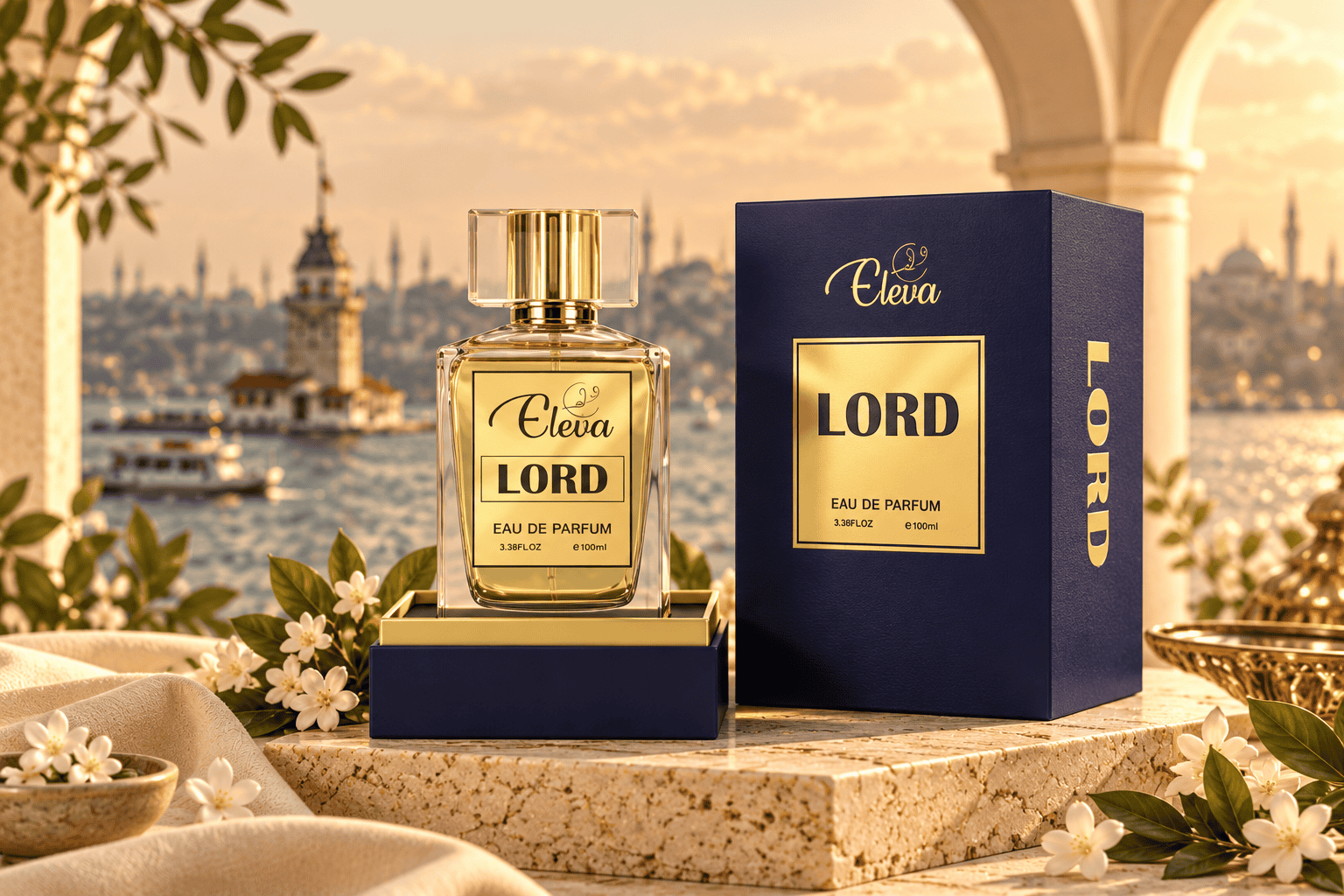 ELEVA catalogue preview artwork featuring LORD perfume and its navy-and-gold presentation box