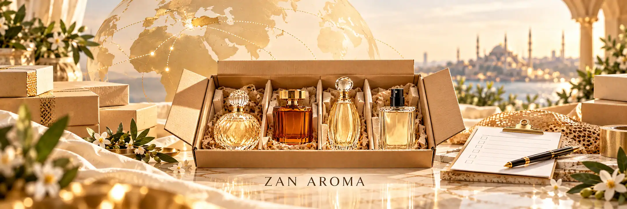 ZAN AROMA Manufacturer Illustration de flacons de parfum dans un décor ivoire et doré portant la marque ZAN AROMA