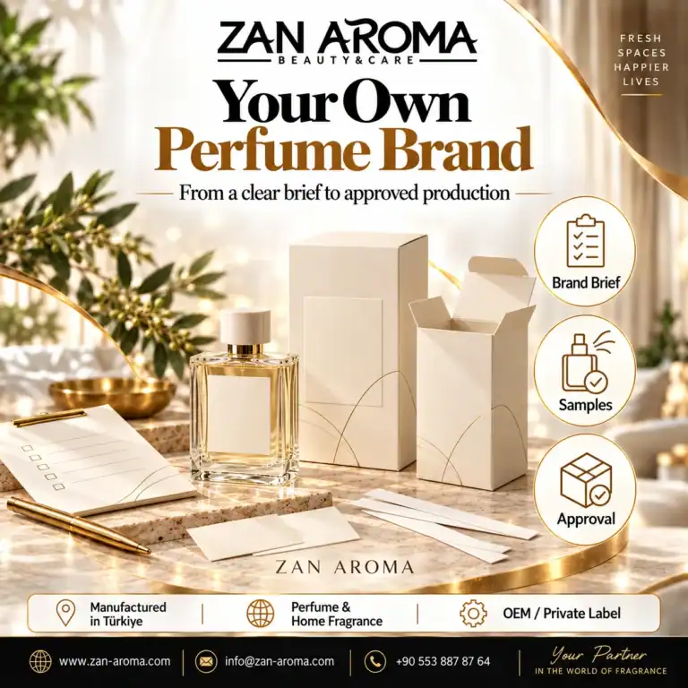 How to Create a Perfume Under Your Own Name ZAN AROMA news cover: a blank-label perfume bottle, ivory boxes and sample materials, with brand brief, samples and approval callouts.