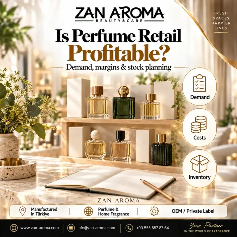 Is Selling Perfume a Profitable Business? Test the Economics ZAN AROMA news cover: perfume bottles and ivory boxes on shelves beside a notebook, with demand, costs and inventory callouts.