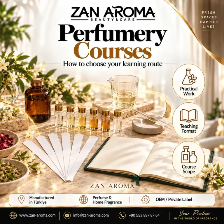 Where can I take a perfumery course? ZAN AROMA news cover: sample vials, scent strips, beaker and notebook, with practical work, teaching format and course scope callouts.