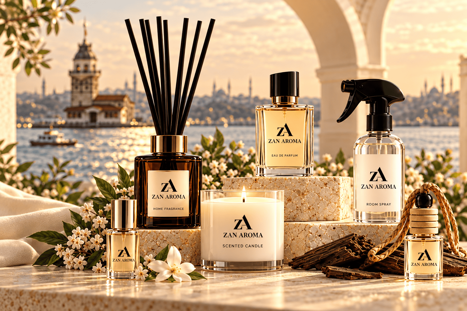 ZAN AROMA Private Label catalogue preview artwork featuring perfume, diffuser, candle, room spray and car fragrance