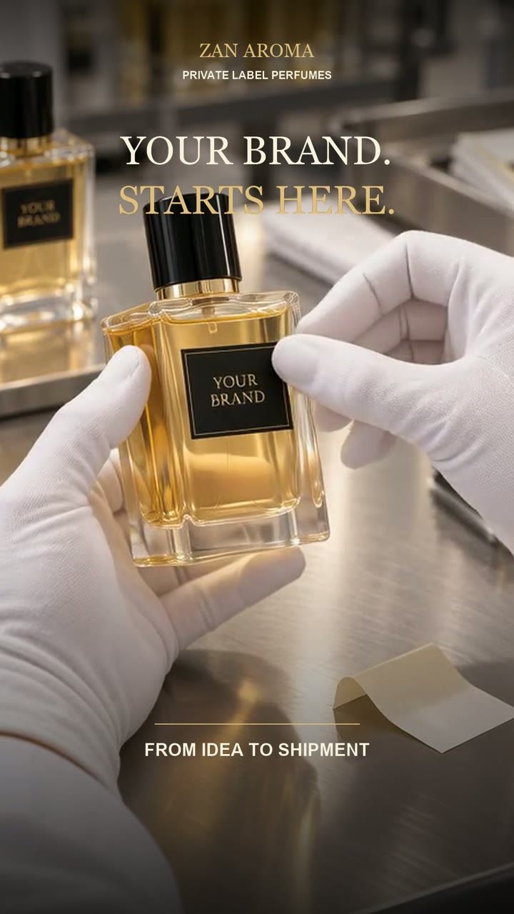 From Idea to Shipment: A Private Label Perfume Journey AI-generated scene of hands applying a brand label to a perfume bottle.